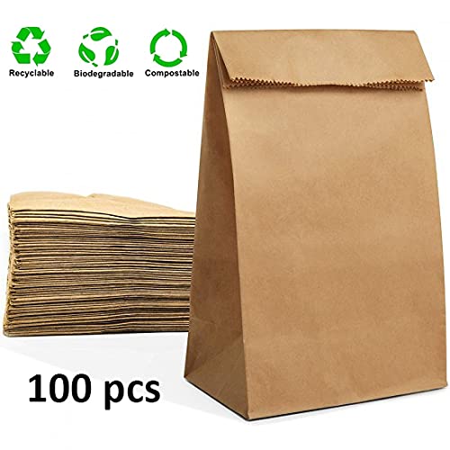 TAMETZONA 100 pcs Bolsas de papel KRAFT reciclado, biodegradable para tiendas, alimentos, hostelería, cumpleaños, celebraciones (18X7X32)