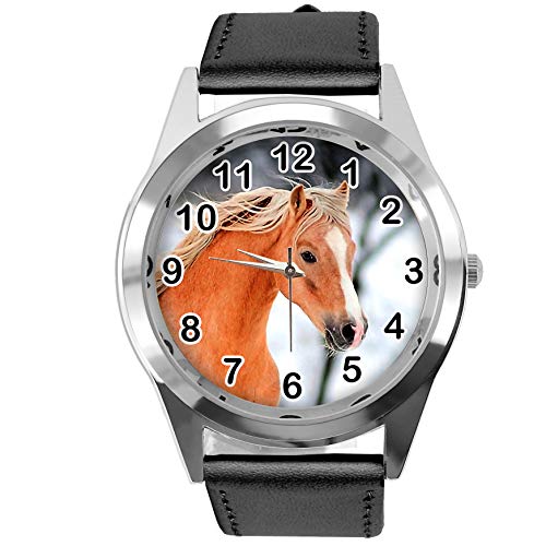 TAPORT® Reloj redondo de cuero negro para los amantes de los caballos