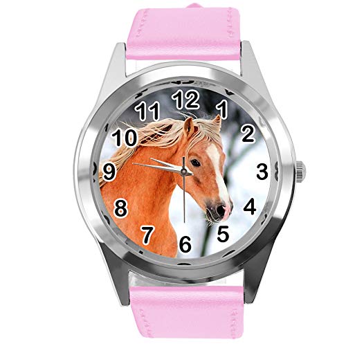 TAPORT® Reloj redondo de cuero rosa para hermosos fanáticos del caballo