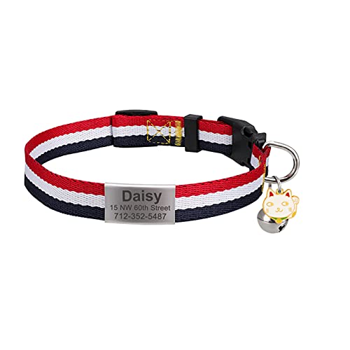 TEAYASON Collar de Perro Personalizado, Collar de Nailon para el Cuello de Perro,Collares de Mascota Ajustables, Regalo de Texto Personalizado para Perros y Gatos(S Blanco-Rojo-Azul)