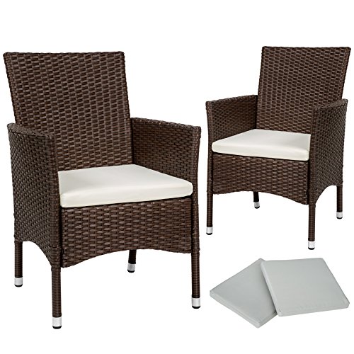 TecTake 2 x Ratán sintético silla de jardín set con cojines + 2 Set de fundas intercambiables + tornillos de acero inoxidable (Marrón mixto | No. 402123)