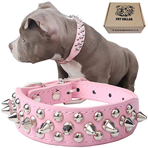 TEEMERRYCA Collar de Cuero con Pinchos para Perros pequeños, medianos y Grandes( Pink-M)