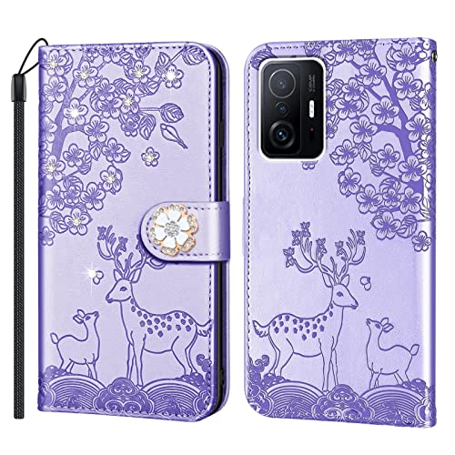 Teléfono Flip Funda For Xiaomi 11T FLIP TELÉFONO CASE DE TELÉFONO DE TELÉFONO DE TELÉFONO PLUMA ENFOSED PLUM FLOWER DEER PU Teléfono de la cubierta del teléfono de la cubierta del teléfono del teléfon