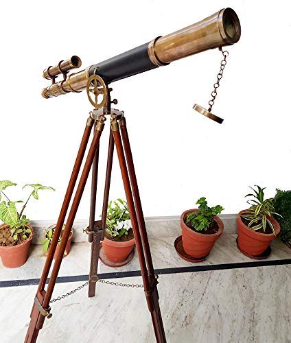 Telescopio de diseño de doble barril de latón antiguo con trípode de madera de pie trípodes telescópicos