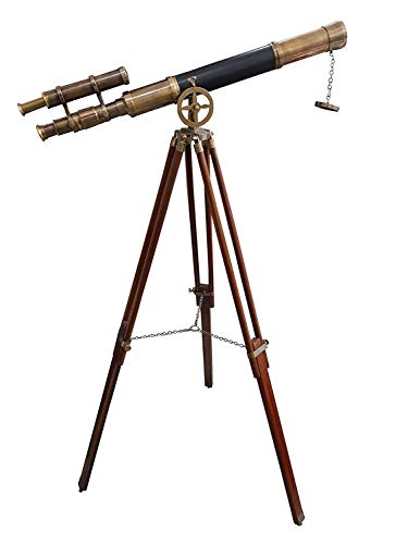 Telescopio de diseño de doble barril de latón antiguo con trípode de madera de pie trípodes telescópicos