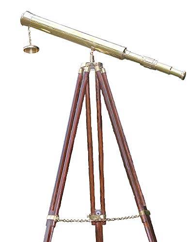 Telescopio de latón Brillante náutico de Barril único, trípode de Madera, Ideal para decoración del hogar, Acabado en latón y marrón