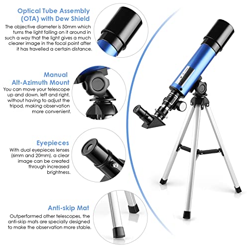 Telescopio para Niños Telescopio Refractor de 50mm con Oculares, con Trípode Regalo para Niños