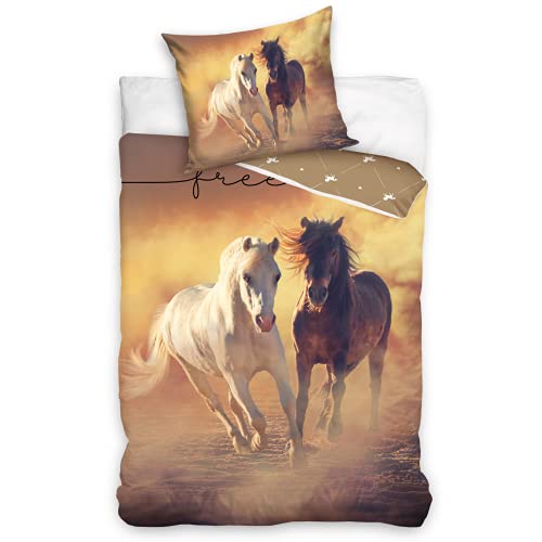 termana Juego de ropa de cama de caballos, 135 x 200 cm, funda de almohada de 80 x 80 cm y funda nórdica de 135 x 200 cm, 100% algodón