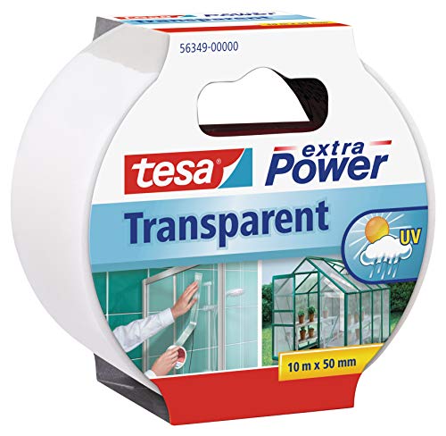 Tesa extra Power Clear Duct Tape - Cinta impermeable de reparación transparente para exteriores, 10 m x 50 mm