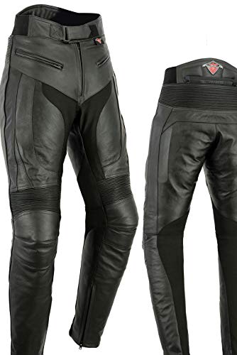 Texpeed Pantalones de Cuero Moto Hombre - con Armadura Protectores de Quita y pon CE (EN 1621-1) RS - Negro - (4XL Cintura/Pierna Pequeño)