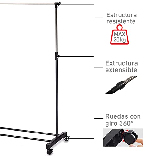 TIENDA EURASIA® Perchero de Pie con Ruedas - Estructura Metálica Tipo Burro - Organizador de Ropa - 80 x 43 x 90-160 cm