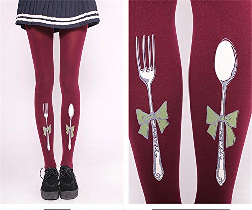 TIGERROSA Calcetines Para Mujer Cute Womens Lolita Alice Tenedor Y Cuchara Medias Velet Cute Harajuku Panti Mori Girls 120D Medias Rojo