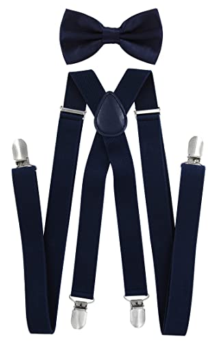 Tirantes para hombre con pajarita de axy; 4 clips resistentes en forma de X Color azul oscuro (tirantes anchos, 2,5 cm). Talla única