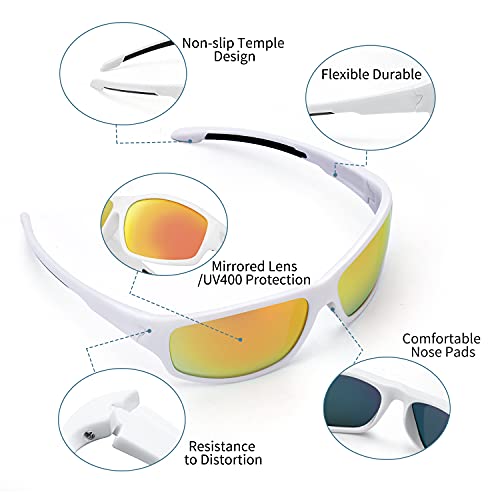 TJUTR Gafas de sol polarizadas deportivas para hombres y mujeres Ciclismo Correr Moda Espejo Lente Protección UV400 (Marco Blanco/Lente de Espejo Rojo)