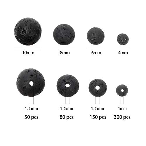 TOAOB 580 Piezas Cuentas Redondas de Piedra de Lava Natural de Tamaño Mixto 4 mm 6 mm 8 mm 10 mm Color Negro Sin Teñir Perlas de Energéticas para la Fabricación de Joyas y Yoga Pulsera