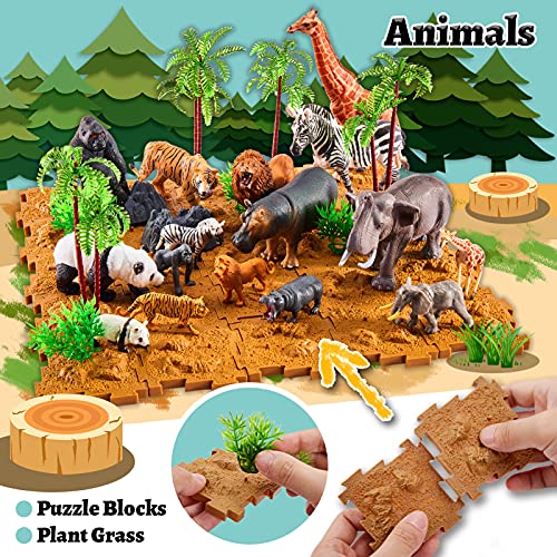 TOEY PLAY Figuras de Animales Salvajes Juguetes con Tapete de Juego, Maleta y Puzzle, Animale Zoo Juguete Niños Niñas 3 4 5 6 Años