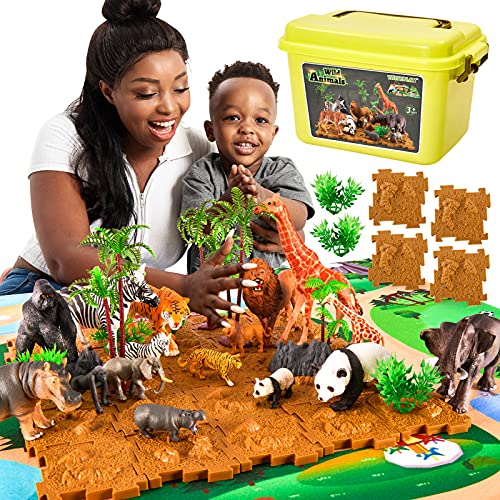 TOEY PLAY Figuras de Animales Salvajes Juguetes con Tapete de Juego, Maleta y Puzzle, Animale Zoo Juguete Niños Niñas 3 4 5 6 Años