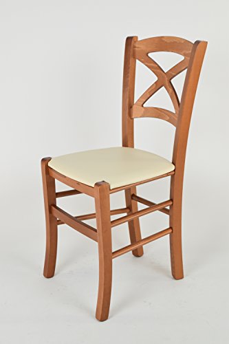 Tommychairs - Set 4 sillas Cross para Cocina y Comedor, Estructura en Madera de Haya Color Cerezo y Asiento tapizado en Polipiel Color Marfil