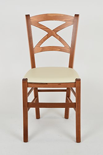 Tommychairs - Set 4 sillas Cross para Cocina y Comedor, Estructura en Madera de Haya Color Cerezo y Asiento tapizado en Polipiel Color Marfil