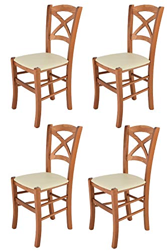 Tommychairs - Set 4 sillas Cross para Cocina y Comedor, Estructura en Madera de Haya Color Cerezo y Asiento tapizado en Polipiel Color Marfil