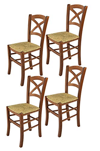 Tommychairs - Set 4 sillas Cross para Cocina y Comedor, Estructura en Madera de Haya Color Nuez Claro y Asiento en Paja