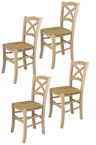 Tommychairs - Set 4 sillas Cross para Cocina y Comedor, Estructura en Madera de Haya lijada, no tratada, 100% Natural y Asiento en Paja