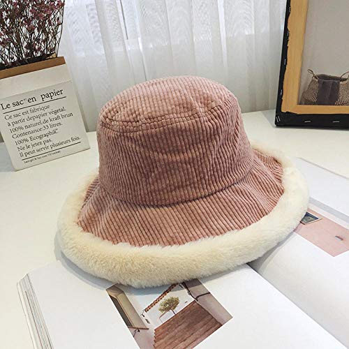 Tony plate Sombrero de Cubo de Pana de Invierno para Mujer Harajuku Elegante Gran ala Ancha Empalme Felpa algodón Panamá Sombrero japonés Coreano Sombrero de Sombra-Rosado
