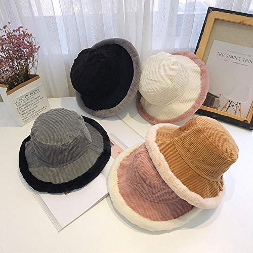Tony plate Sombrero de Cubo de Pana de Invierno para Mujer Harajuku Elegante Gran ala Ancha Empalme Felpa algodón Panamá Sombrero japonés Coreano Sombrero de Sombra-Rosado
