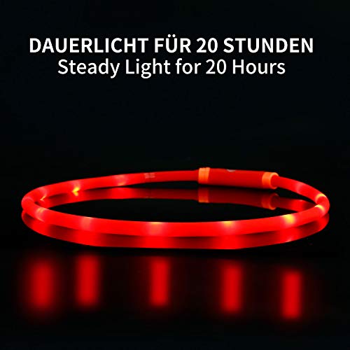 Toozey Luminoso Collares para Perro LED Durante 20 Horas de Luz Continua Impermeable, USB Recargable Cortable Tira de Luz para Collar de Perro de Seguridad Nocturna - 3 Modo (Rojo)