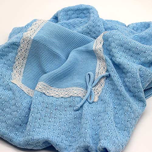 Toquilla para bebé hecha de lana 100% algodón super suave. Diseñada y fabricada en España. Manta de recién nacido de punto calado, ideal para regalo de nacimiento. (Azul)
