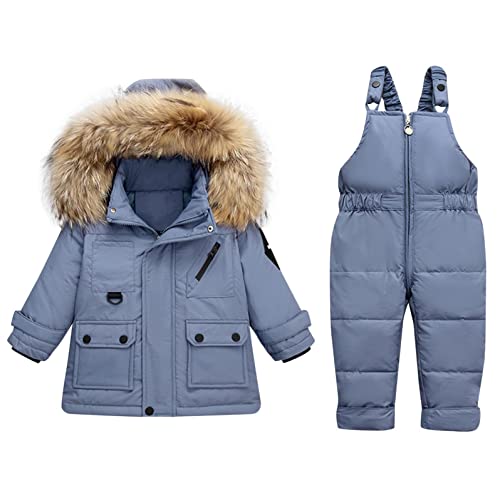 Traje de nieve para niños y niñas, 2 piezas, pantalón con tirantes y chaqueta de plumón con capucha de piel, conjunto de ropa para niños de 1 a 4 años, azul, 110 cm