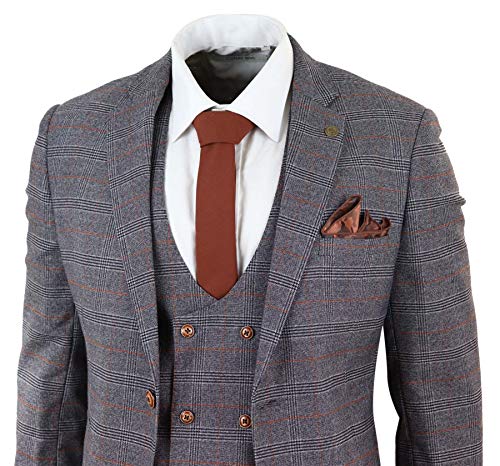 Traje Príncipe de Gales de 3 Piezas Tweed Gris Chaleco de Pecho Doble a Cuadros. Ajustado - Gris 60EU Chaqueta, 44W Pantalones