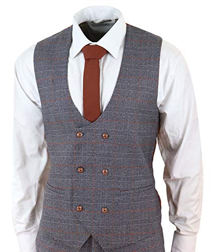 Traje Príncipe de Gales de 3 Piezas Tweed Gris Chaleco de Pecho Doble a Cuadros. Ajustado - Gris 60EU Chaqueta, 44W Pantalones