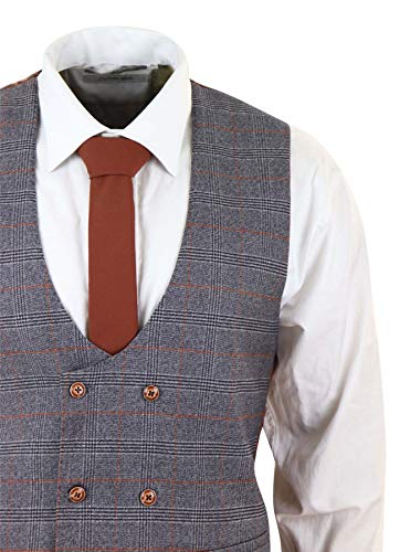 Traje Príncipe de Gales de 3 Piezas Tweed Gris Chaleco de Pecho Doble a Cuadros. Ajustado - Gris 60EU Chaqueta, 44W Pantalones