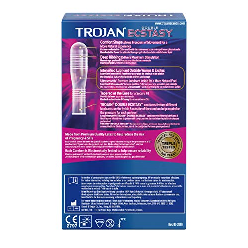 Trojan Doble Éxtasis - Preservativos de látex de doble lubricación para placer y seguridad