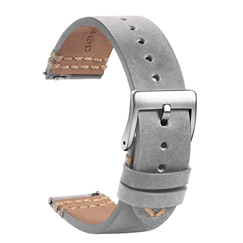 TStrap Reloj Correas Cuero 20mm - Color Gris Suave Liberacion Rapida - Correa De Reloj Deportivo Hombres Mujeres - Relojes Inteligentes Pulsera Cierre Hebilla Plata - 18mm 19mm 21mm 22mm