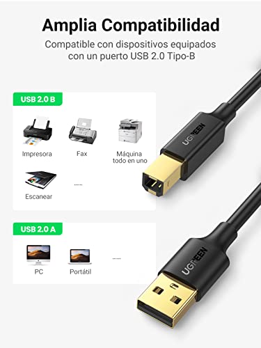 UGREEN Cable Impresora USB para Epson, Cable Impresora Largo USB 2.0 Tipo A a Tipo B Compatible con Impresora Brother/Canon/Lexmark, Escáner, Disco Duro, DAC, Fotografía, Amplificador(5 Metros)