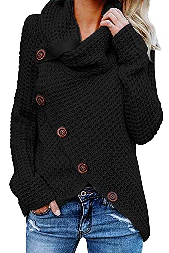 UMIPUBO Jerseys De Punto para Mujer Pullover Jersey Cuello de Tortuga Manga Larga Suelto Prendas de Punto Suéter Irregular Jerséis Collar de la Pila Tops Cálido Otoño Invierno (Negro, M)