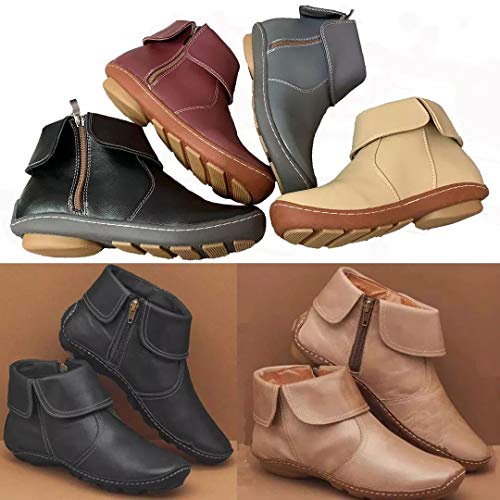UMore Botines de Cuero Otoño Vintage con Cordones Zapatos de Mujer Botas cómodas de tacón Plano Cremallera Bota Alto Botas de Apoyo de Arco 2054 para Mujeres