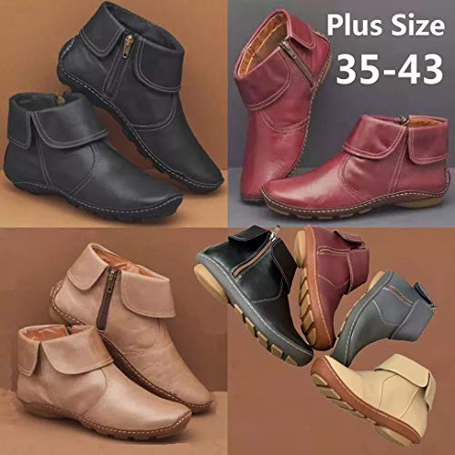 UMore Botines de Cuero Otoño Vintage con Cordones Zapatos de Mujer Botas cómodas de tacón Plano Cremallera Bota Alto Botas de Apoyo de Arco 2054 para Mujeres