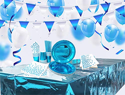 VAINECHAY Juego de Vajilla Fiesta Azul Vasos Platos de Papel Desechables Servilletas Pajitas Mantel Suministros Decoración Cumpleaños con Flecos Cortina Juego de Vajilla Boda Niños, 30 Invitados