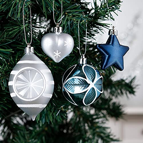 Valery Madelyn Azul y Plata, Adornos de Bolas Plásticas Infrangibles de Navidad, Shatterproof Christmas Baubles, para la Decoración del Árbol de Navidad (Juego de 70, 3-6cm)