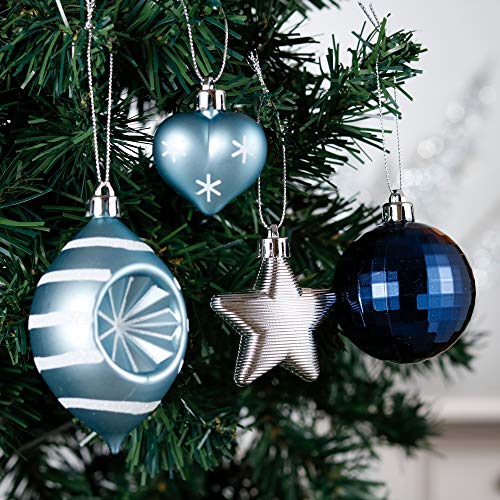 Valery Madelyn Azul y Plata, Adornos de Bolas Plásticas Infrangibles de Navidad, Shatterproof Christmas Baubles, para la Decoración del Árbol de Navidad (Juego de 70, 3-6cm)