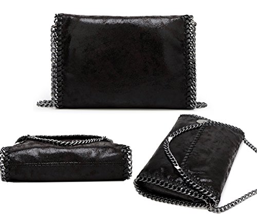 Valleycomfy bolso de mujer elegante bolso de hombro correa de cadena metálica bolso de cuero de la PU bolsos cruzados bolsa de embragues, negro