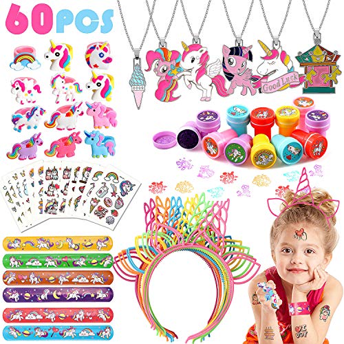 vamei 60 Piezas Artículos de Fiesta Unicornio Cumpleaños Relleno Piñatas Unicornio Pulseras Bofetada Diadema Anillos Collares Tatuajes Temporales Sellos Regalos Cumpleaños para Infantiles Niños Niñas