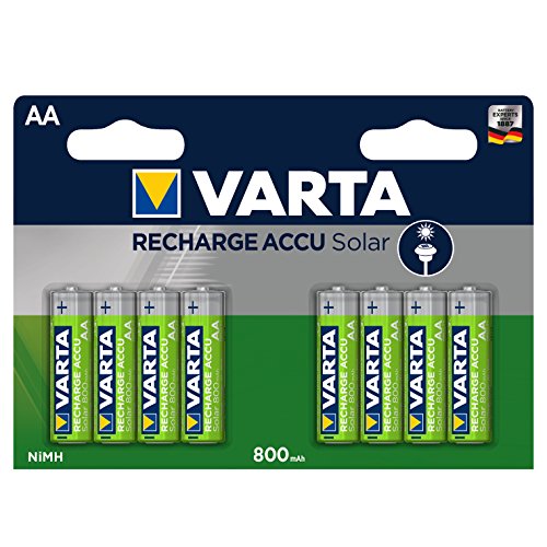 Varta Pila Mignon de Ni-Mh Recharge Accu Solar (AA, 800 mAh, paquete de 8 unidades), recargable sin efecto de memoria - Listo para usar
