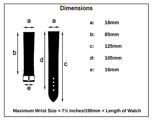 Verona Camella XL acolchado de grano de la correa de la venda de reloj de cuero Extra larga de 18 mm color negro y cromado con hebilla (color de plata)
