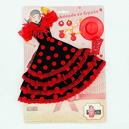Vestido Flamenca andaluza, Pendientes, Sombrero, peinetas y castañuelas para muñecas maniquí Tipo Barbie. Muñeca no incluida. Fabricado en España por Folk Artesanía (Vestido Azul Lunar Blanco)