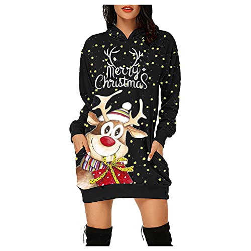 Vestidos Mujer de Navidad Navidad Sudaderas con Capucha Mujer Manga Larga Jersey Mid Length Casual Vestidos Sudadera Vestidos Hoodie Jersey Long Sleeve con Bolsillos Ropa de Reno Feliz Navidad