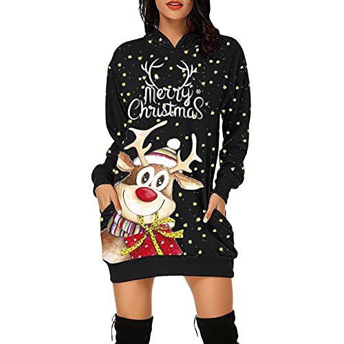 Vestidos Mujer de Navidad Navidad Sudaderas con Capucha Mujer Manga Larga Jersey Mid Length Casual Vestidos Sudadera Vestidos Hoodie Jersey Long Sleeve con Bolsillos Ropa de Reno Feliz Navidad